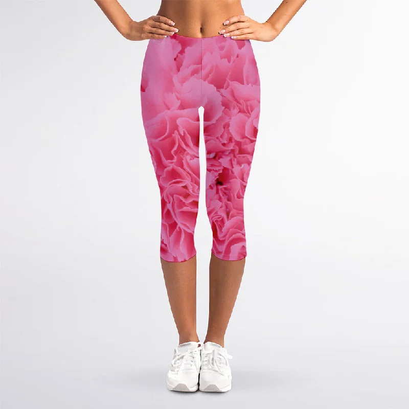 New Markdowns Pink Carnation Flower Print Women's Capri Leggings