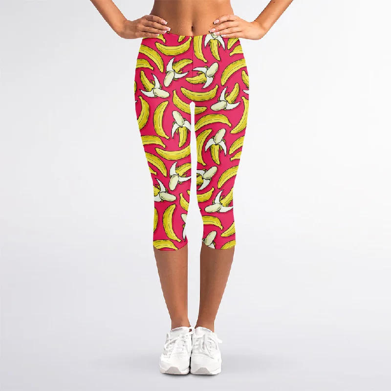 Limited Availability Pink Cartoon Banana Pattern Print Women's Capri Leggings