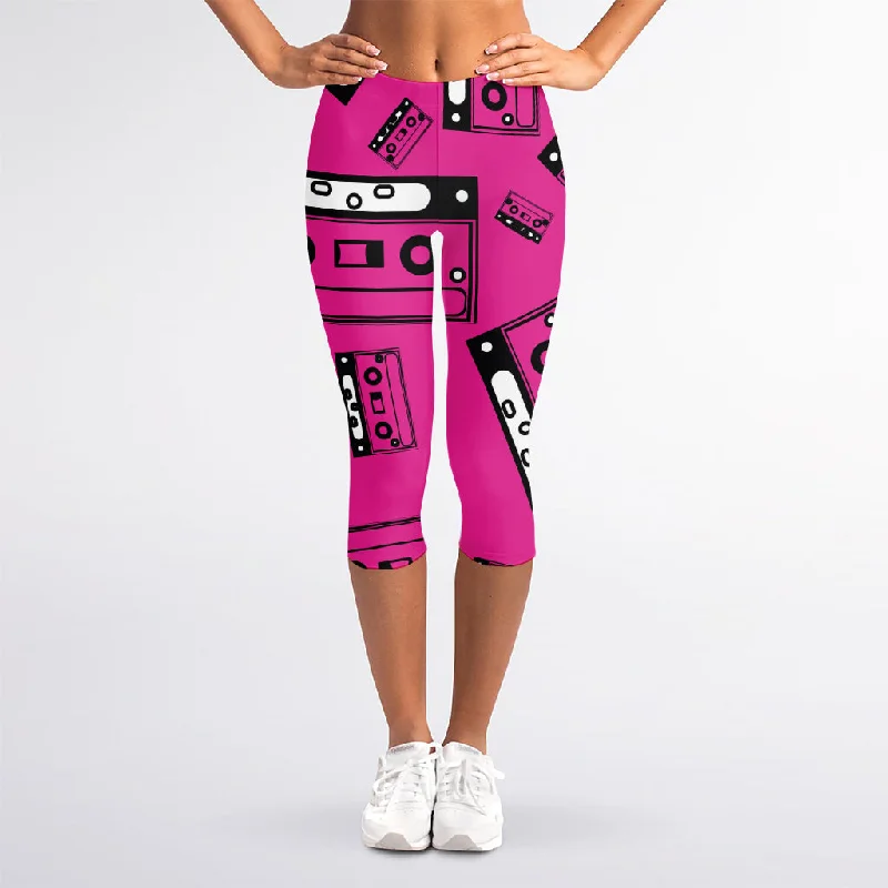 Big Discounts Pink Cassette Tape Pattern Print Women's Capri Leggings