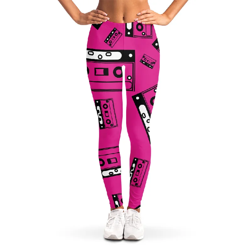 Steals and Deals Pink Cassette Tape Pattern Print Women's Leggings