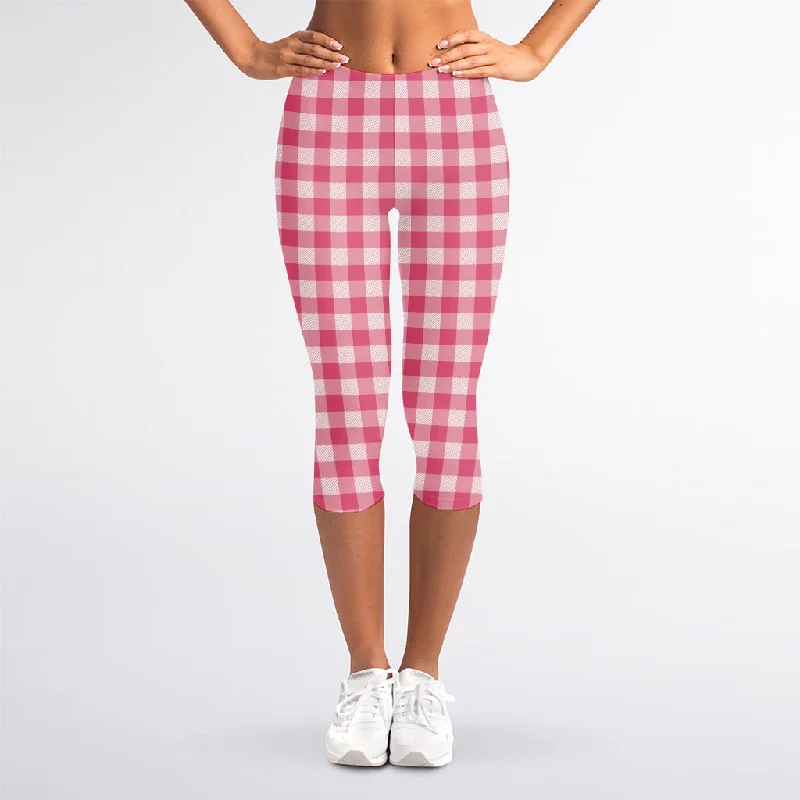 Final Clearance Pink Check Pattern Print Women's Capri Leggings