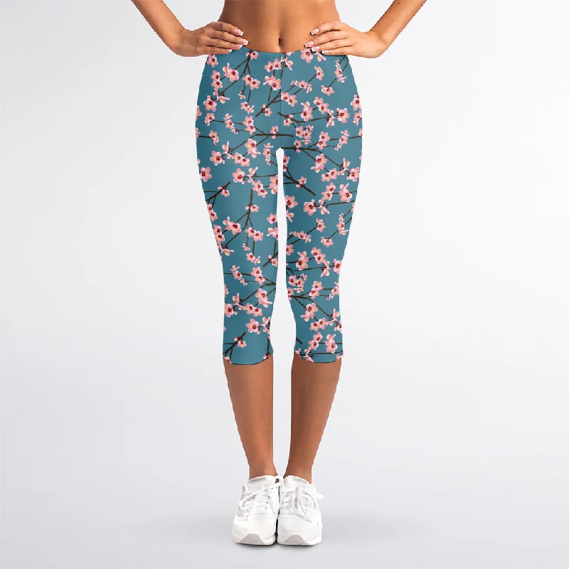 Exclusive Savings Pink Cherry Blossom Pattern Print Women's Capri Leggings