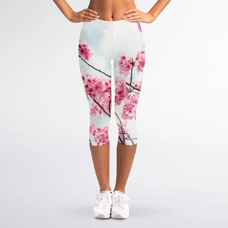 Deal Dash Pink Cherry Blossom Print Women's Capri Leggings