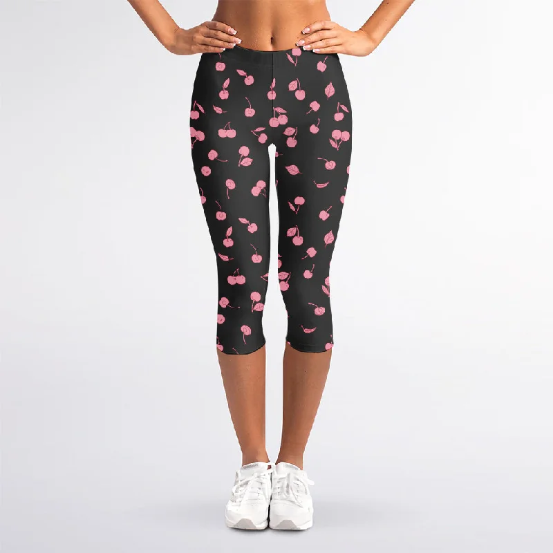 Closeout Pink Cherry Pattern Print Women's Capri Leggings