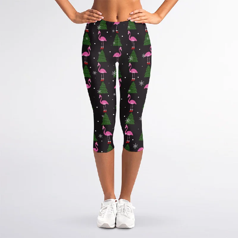 Limited Time Pink Christmas Flamingo Pattern Print Women's Capri Leggings
