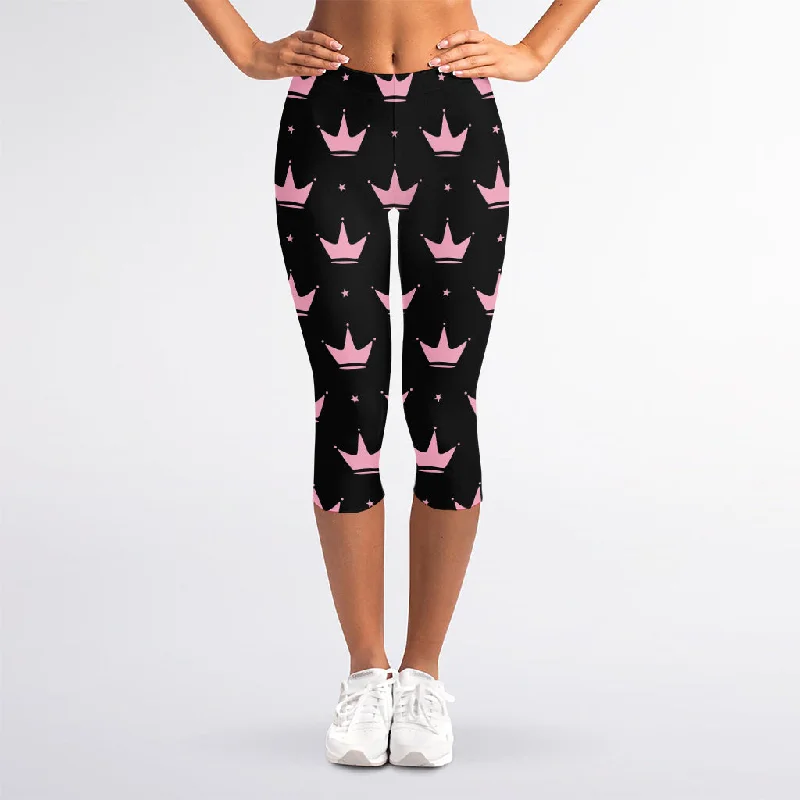 Must-Have Deals Pink Crown Pattern Print Women's Capri Leggings