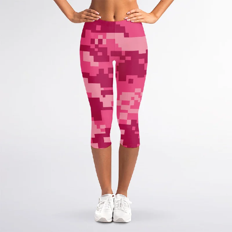 One-DAY Sale Pink Digital Camo Pattern Print Women's Capri Leggings