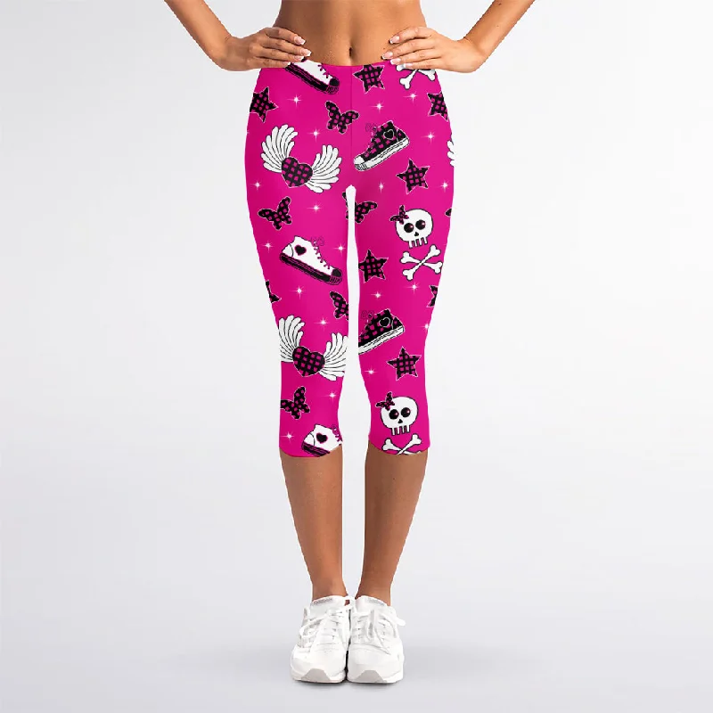 Big Savings Pink Emo Symbols Pattern Print Women's Capri Leggings