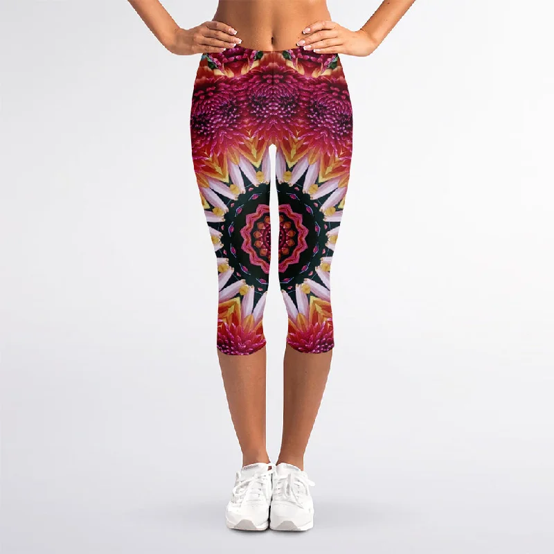 Fantastic Deals Pink Flower Kaleidoscope Print Women's Capri Leggings
