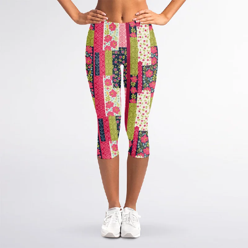 TIME-Limited Offer Pink Flower Patchwork Pattern Print Women's Capri Leggings