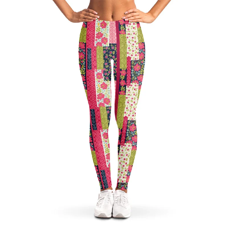Big Discounts Pink Flower Patchwork Pattern Print Women's Leggings