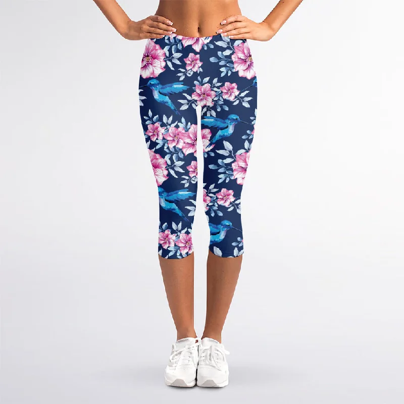 Daily Specials Pink Flowers And Hummingbird Print Women's Capri Leggings
