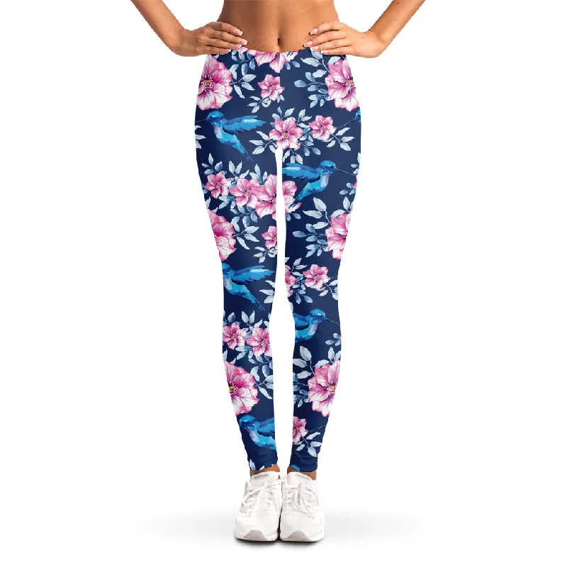 Deal Alert Pink Flowers And Hummingbird Print Women's Leggings