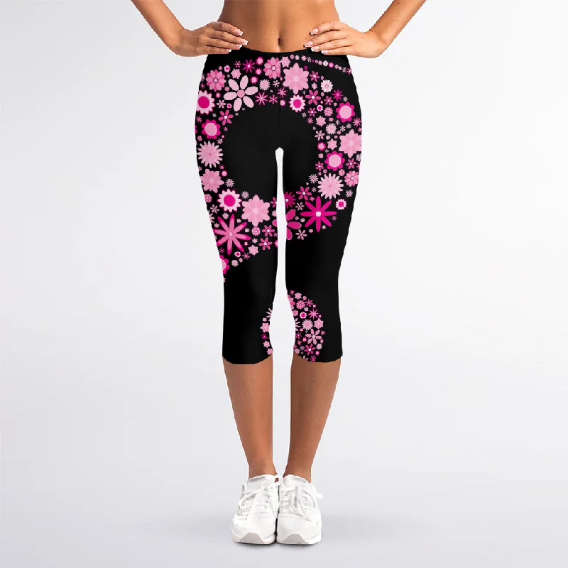YEAR-End Clearance Pink Flowers Yin Yang Print Women's Capri Leggings