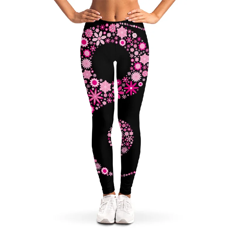 Bargain Blast Pink Flowers Yin Yang Print Women's Leggings