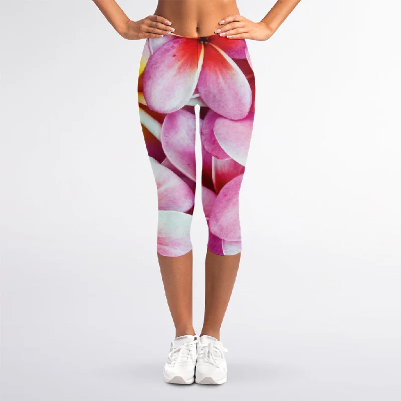 Savings Galore Pink Frangipani Flower Print Women's Capri Leggings