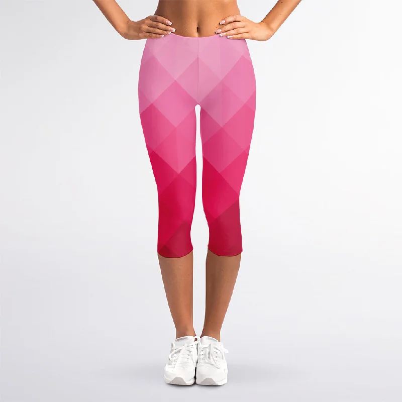 Take Advantage Pink Geometric Square Pattern Print Women's Capri Leggings