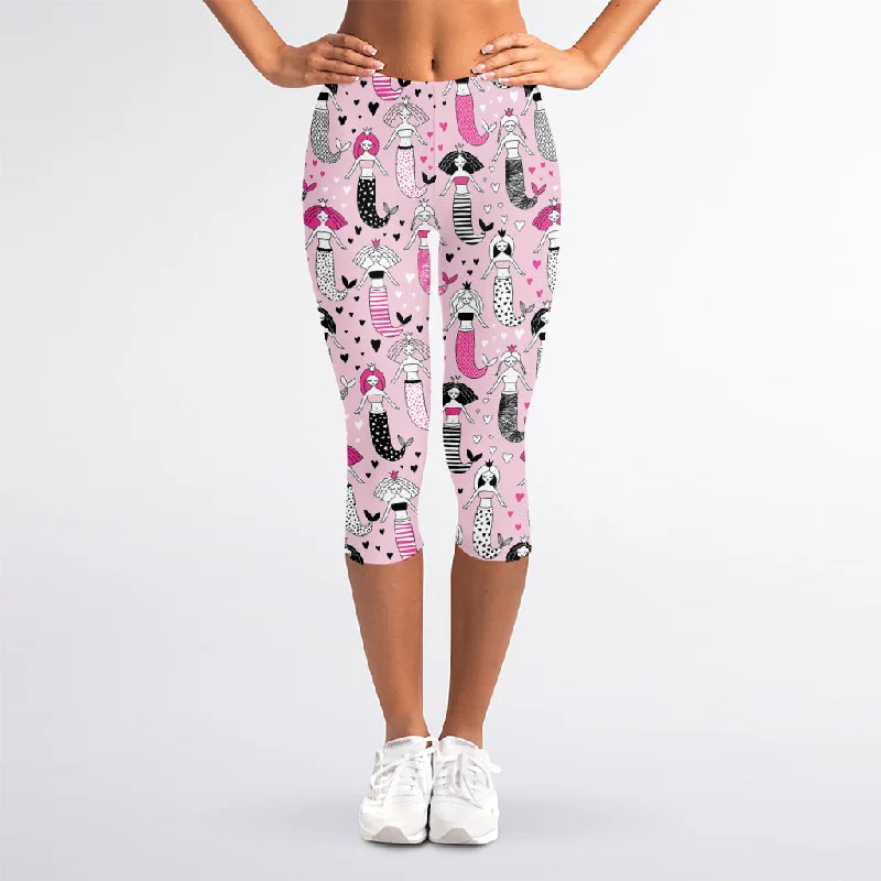 Lowest Price Pink Girly Mermaid Pattern Print Women's Capri Leggings