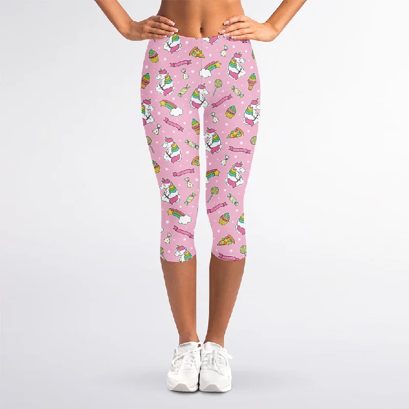 Special Price Pink Girly Unicorn Pattern Print Women's Capri Leggings