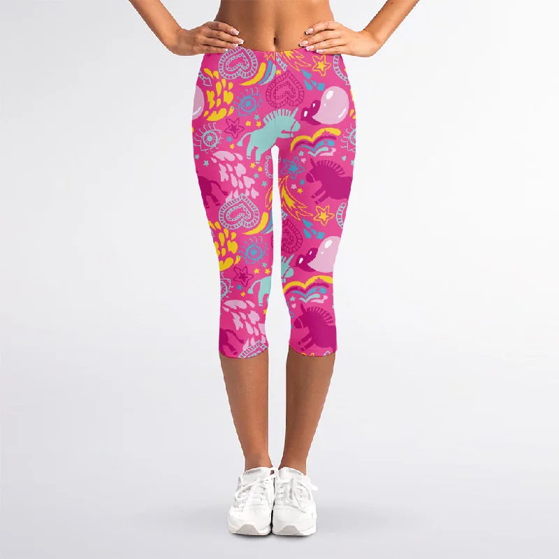 Price Cut Pink Girly Unicorn Print Women's Capri Leggings