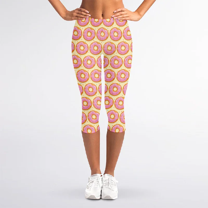 Quick Sale Pink Glazed Donut Pattern Print Women's Capri Leggings