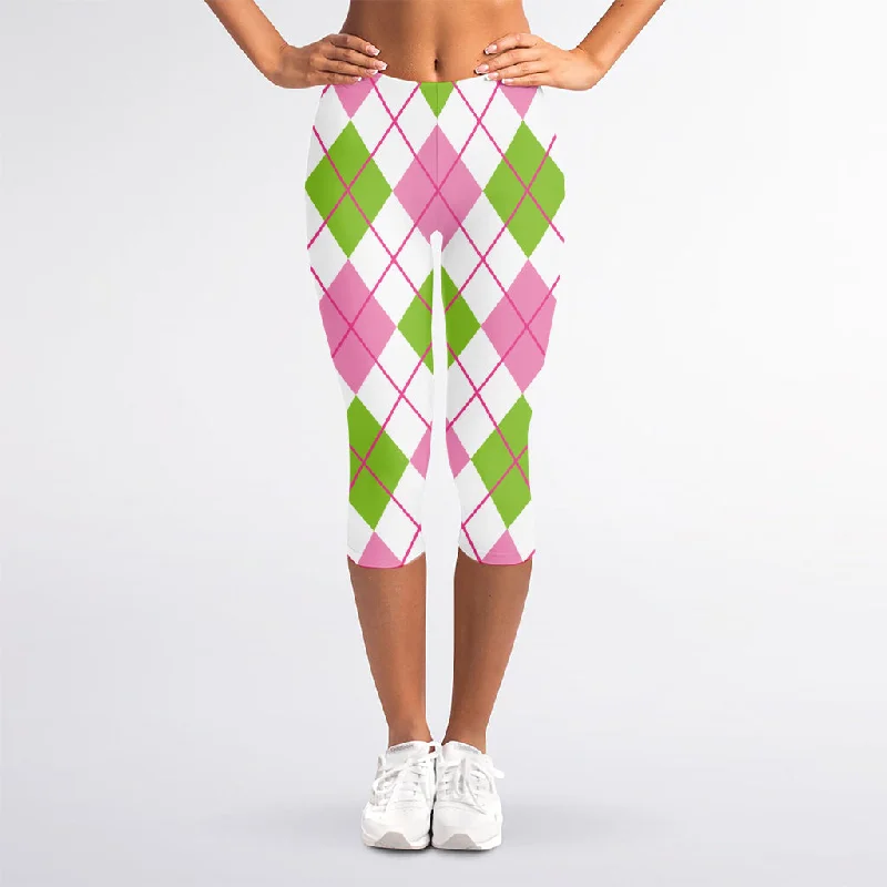 Midnight Madness Pink Green And White Argyle Print Women's Capri Leggings