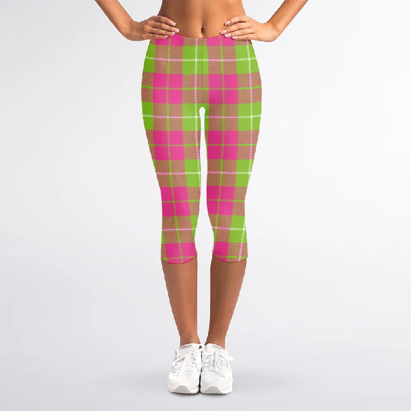 Deal Dash Pink Green And White Tartan Print Women's Capri Leggings