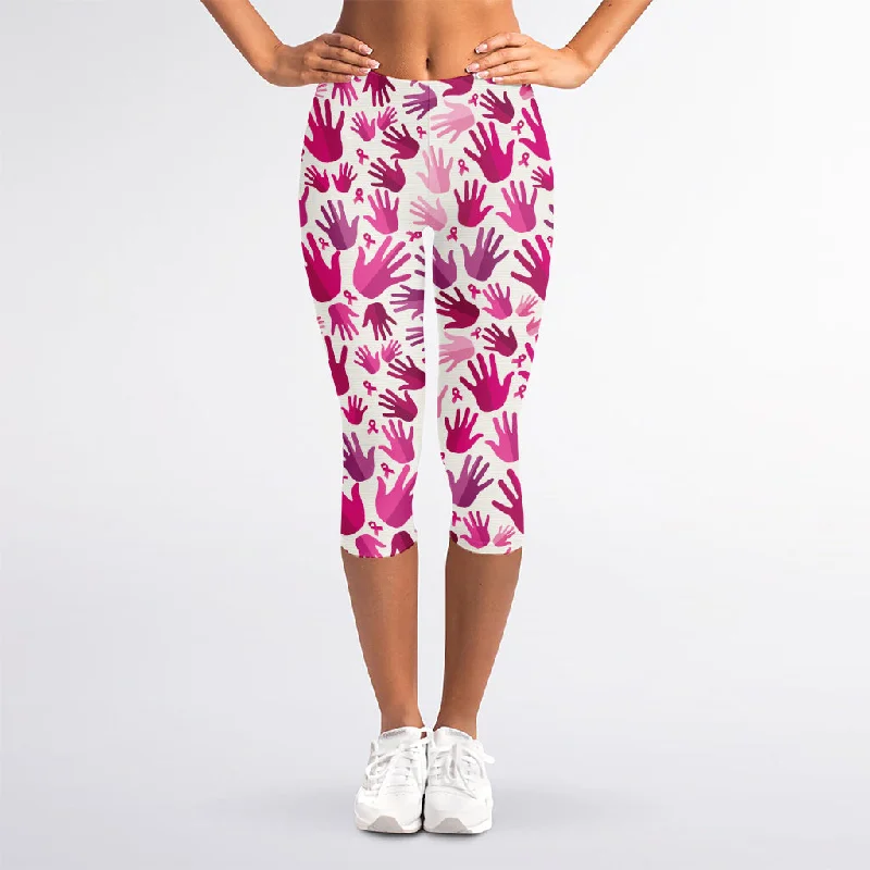 Instant Discount Pink Hand Breast Cancer Pattern Print Women's Capri Leggings