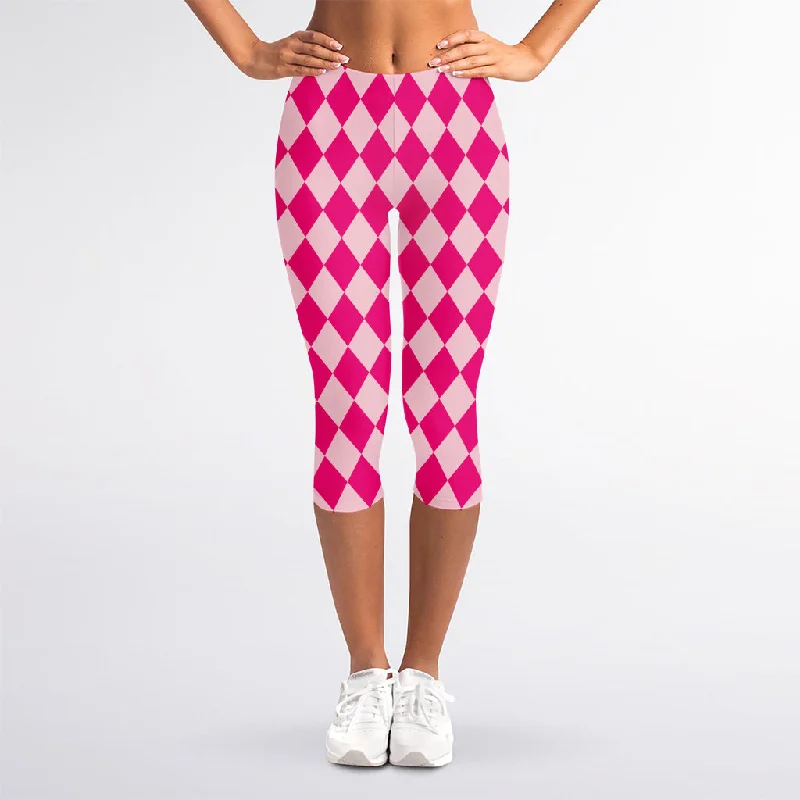 Huge Discounts Pink Harlequin Pattern Print Women's Capri Leggings