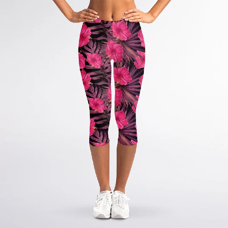 Final Clearance Pink Hawaiian Hibiscus Pattern Print Women's Capri Leggings