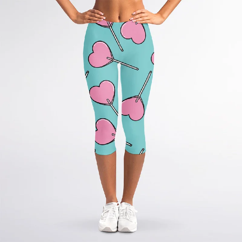 Exclusive Savings Pink Heart Lollipop Pattern Print Women's Capri Leggings