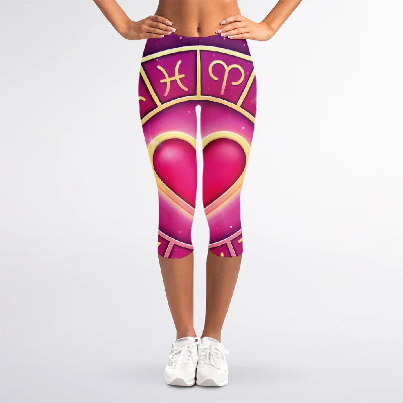 Don't Wait Pink Heart Zodiac Wheel Print Women's Capri Leggings