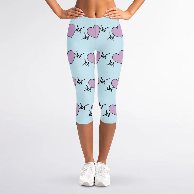 Bonus Savings Pink Heartbeat Pattern Print Women's Capri Leggings