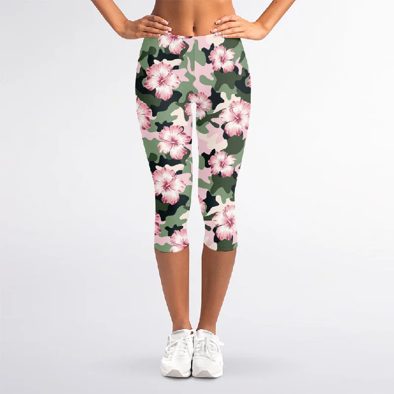 Closeout Pink Hibiscus Flower Camouflage Print Women's Capri Leggings