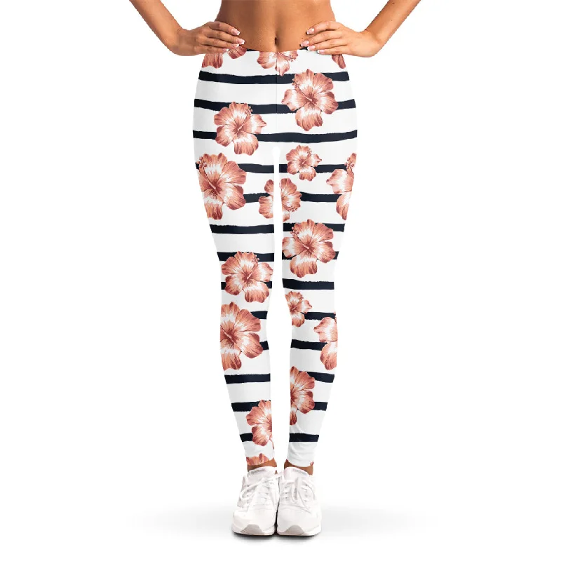 Members Only Pink Hibiscus Striped Pattern Print Women's Leggings