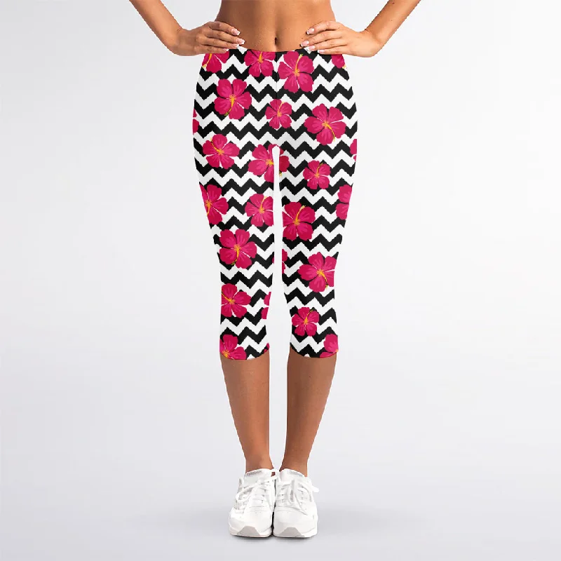 Bargain Prices Pink Hibiscus Zigzag Pattern Print Women's Capri Leggings