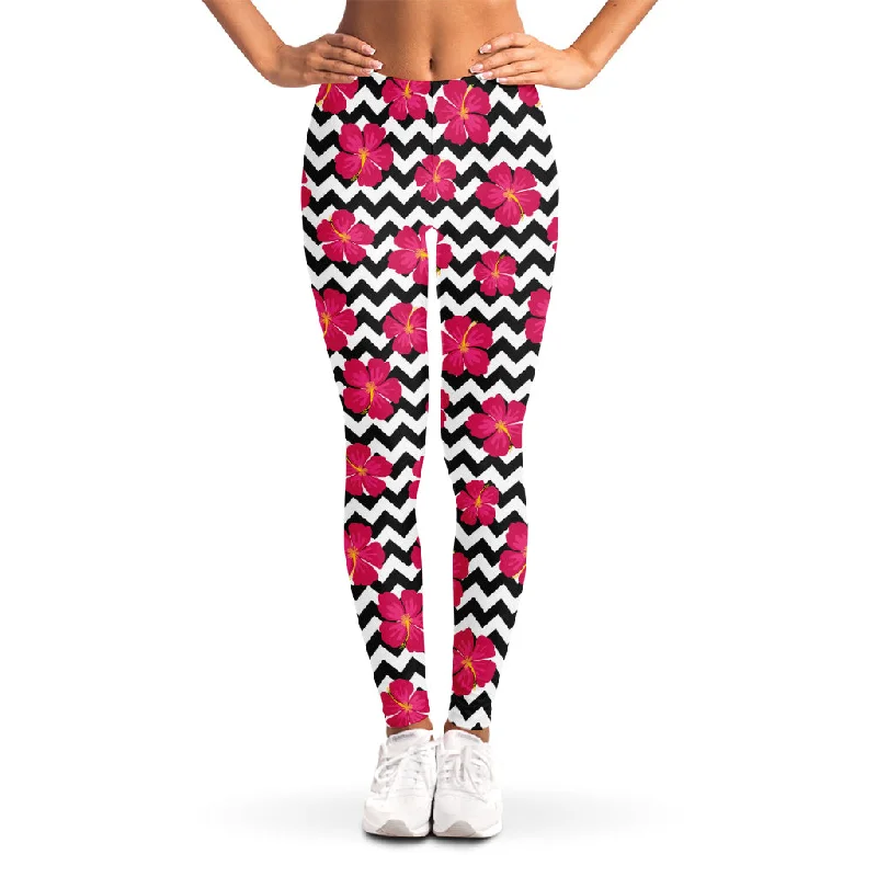 Price Slash Pink Hibiscus Zigzag Pattern Print Women's Leggings