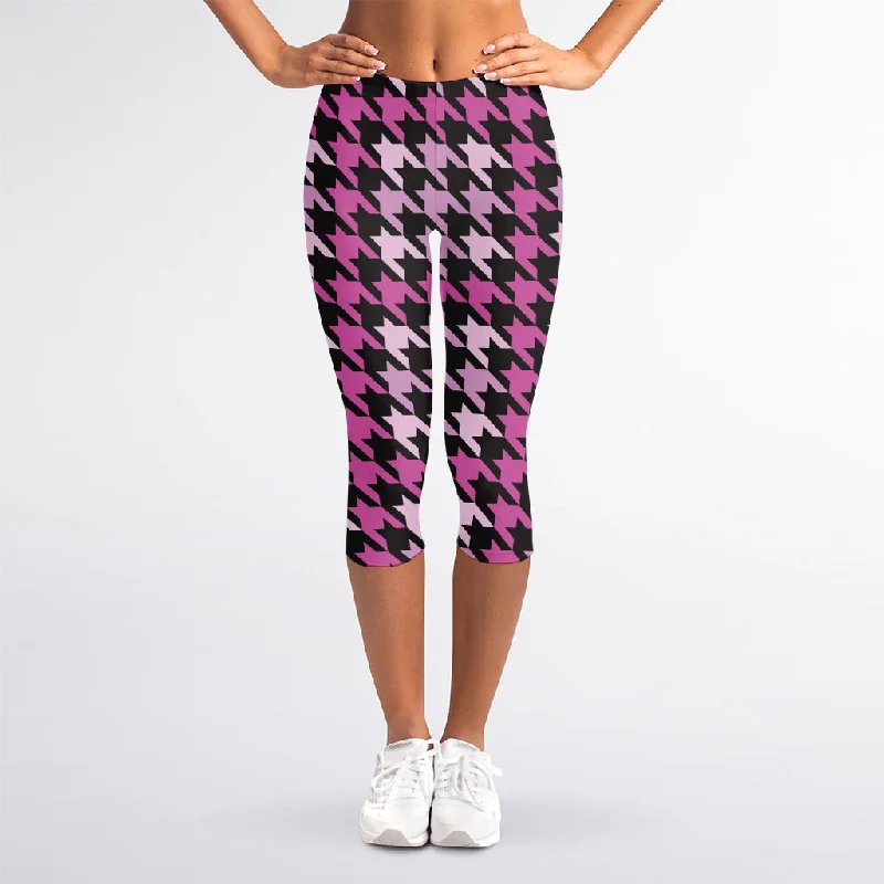Savings Alert Pink Houndstooth Pattern Print Women's Capri Leggings