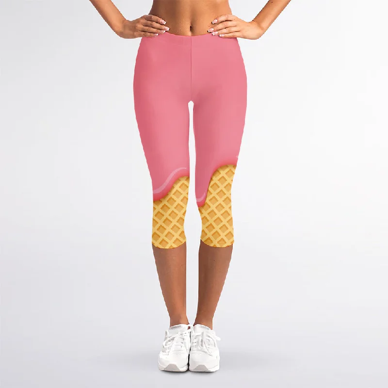 Price Drop Alert Pink Ice Cream Melted Print Women's Capri Leggings