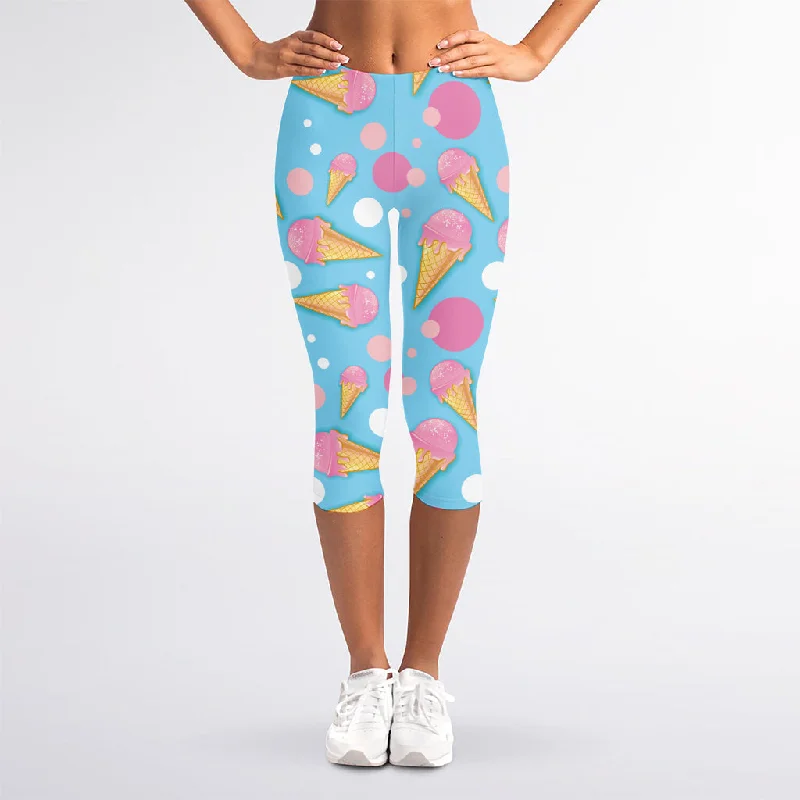 Price Break Pink Ice Cream Pattern Print Women's Capri Leggings