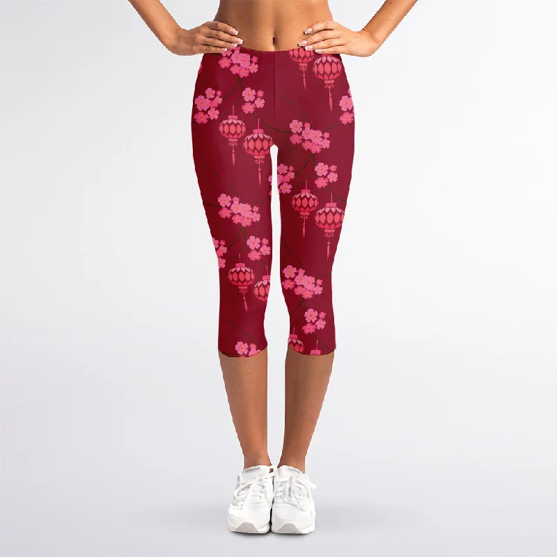 Price Fest Pink Japanese Lantern Pattern Print Women's Capri Leggings