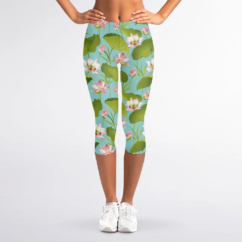 Inventory Reduction Pink Lotus Pattern Print Women's Capri Leggings