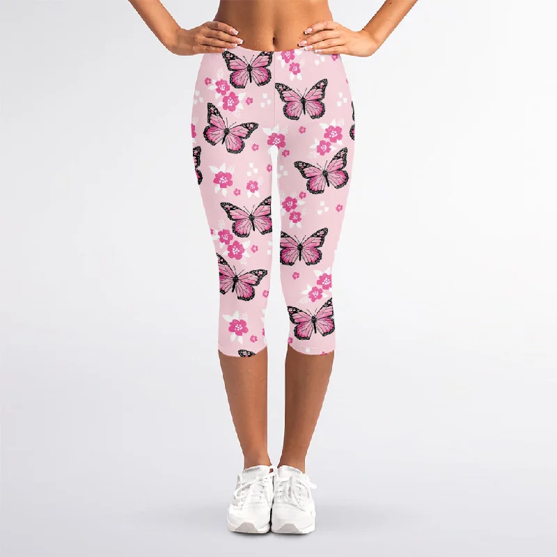 Limited Time Discount Pink Monarch Butterfly Pattern Print Women's Capri Leggings