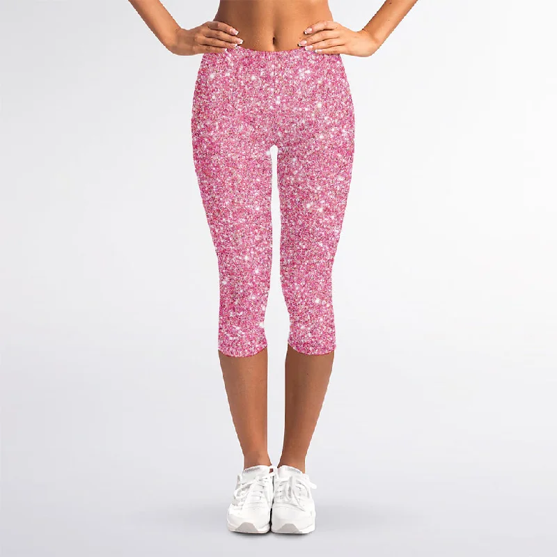 Now or Never Pink (NOT Real) Glitter Print Women's Capri Leggings