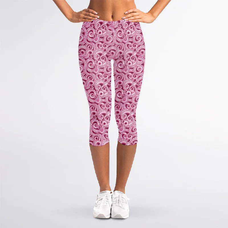 Special Savings Pink Octopus Tentacles Pattern Print Women's Capri Leggings