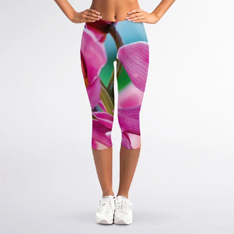 Friends and Family Sale Pink Orchid Flower Print Women's Capri Leggings