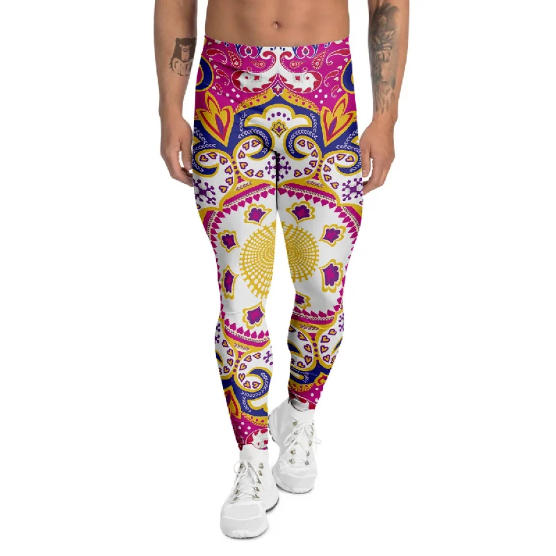 Midnight Madness Pink Paisley And Mandala Print Men's Leggings
