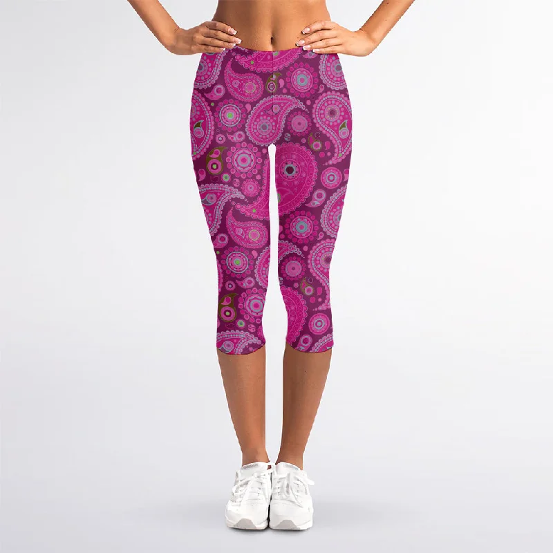 Customer Appreciation Sale Pink Paisley Pattern Print Women's Capri Leggings