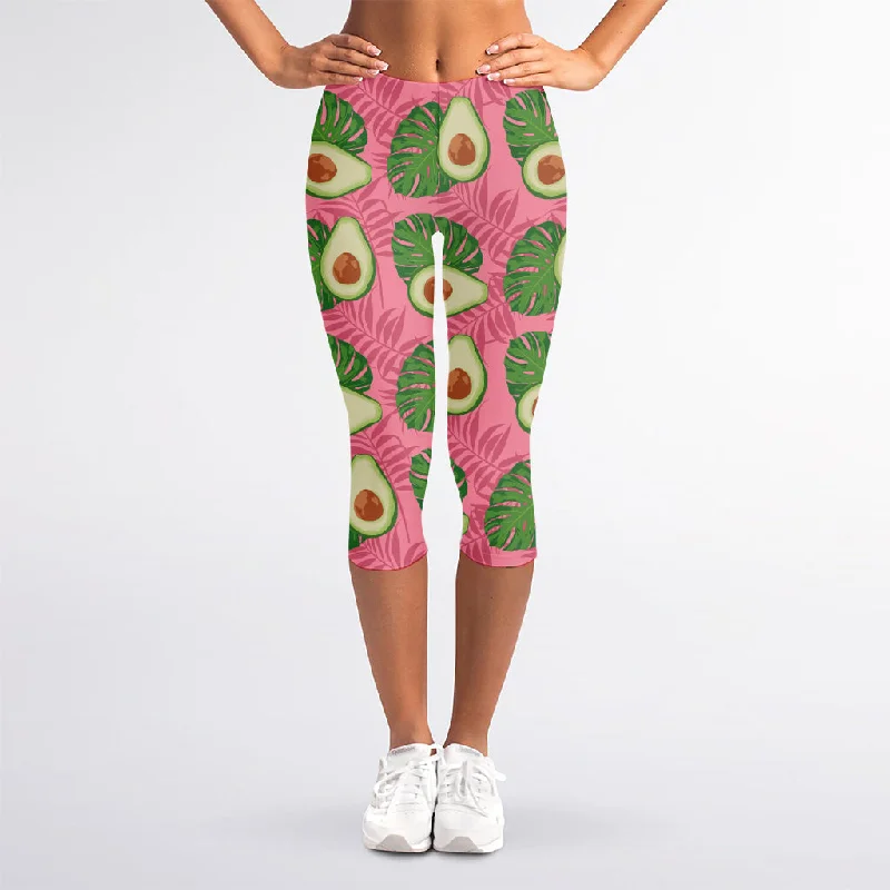 Year-End Sale Pink Palm Leaf Avocado Print Women's Capri Leggings