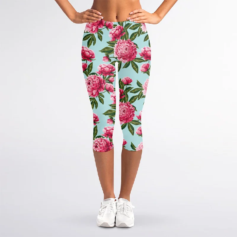 Get It Before It’s Gone Pink Peony Pattern Print Women's Capri Leggings